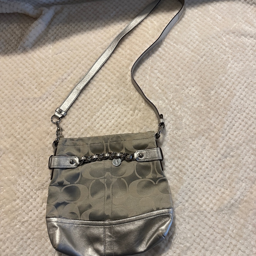 Coach Signature Metallic Leather Silver Chain Crossbody Shoulder Bag